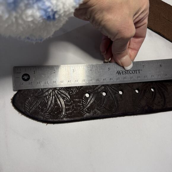 BRAVE Beltworks Wide Tooled Italian Leather Belt Size 34 Brown Boho Handcrafted main image 5